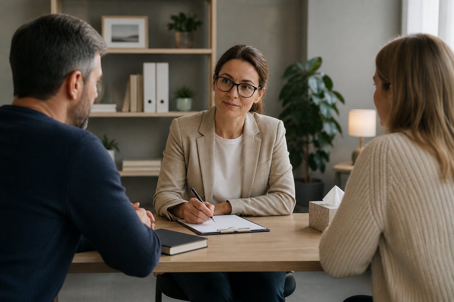 A mediator sitting with a client in a calm, comfortable office setting. The image conveys a sense of support and understanding, highlighting the approachable nature of the MIAM process.